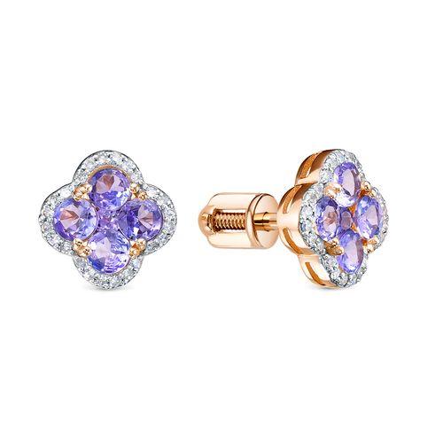 Серьги пусеты RoseGrace, красное золото 585 проба, вставка танзанит (RoseGrace, Россия)